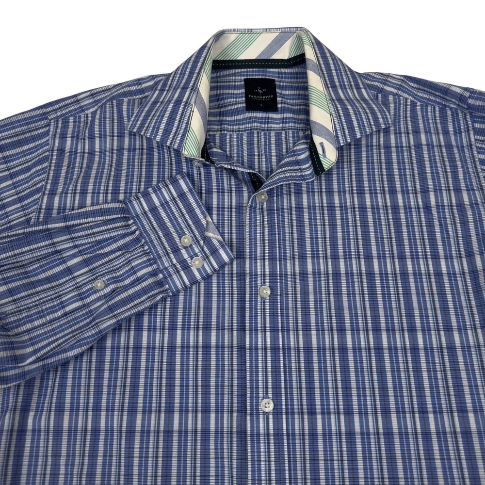 TailorByrd Shirt Mens L‎ 1930 Collection Button Up Blue Plaid Striped Collar LS